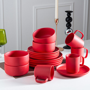 Red 16-Piece Ceramic Tableware <b>Set</b> Dishwasher Safe Porcelain Material for Weddings Parties Picnics for <b>Restaurants</b> - Product Image 1