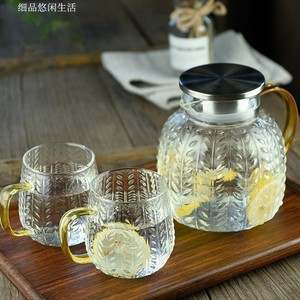 Large Capacity Glass <b>Cold</b> Water Pitcher 1800ml Wheat Pattern Steel Lid With Matching <b>Cup</b> For Cooling Boiled Water Party Use - Product Image 4