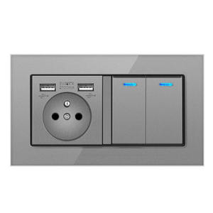 Pannello in vetro temperato di cristallo 146*86mm 2 Gang 1 vie interruttore luce a parete Standard europa presa francese Standard - Product Image 4