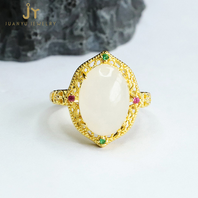 Heart Shape Real Stone Rings Natural High Quality White Hetian Jade Rings Gold Plated Fashion Jewelry Zircon Finger Rings