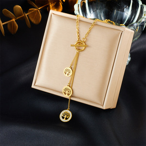 Tree Of Life Pendant Necklace Gold Plated Stainless Steel Tassel Chain For Gift - Product Image 1