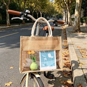 DIY Printing Logo Transparent PVC Window Jute Tote Bag Vintage <b>Retro</b> Eco Friendly Reusable Handbag for <b>Gift</b> Shop - Product Image 3