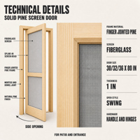 Porte coulissante en bois à charnières avec cadre en pin à jointures à languettes et moustiquaire en fibre de verre pour patio, jardin, entrée, véranda et projets de construction.