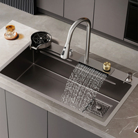 Évier de cuisine en métal avec rince-verres Évier de cuisine moderne noir multifonction intelligent Évier de cuisine cascade en acier inoxydable