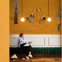Mural Dinding Hutan Kelinci Gambar Tangan Kartun Warna Oranye Hangat Kain Dinding Kustom untuk Wallpaper Kamar Tidur Anak