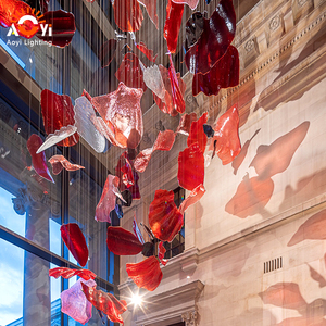 Grand lustre en verre artistique rouge avec abat-jour en acier inoxydable |   Éclairage décoratif personnalisé à LED pour hôtel/villa, garantie 5 ans - Product Image 1