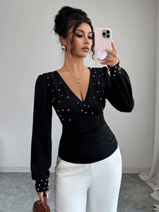 Camiseta Casual de Manga Larga con Cuello en V, de Poliéster Suave, Color Sólido, Corte Ajustado para Mujer - Product Image 2