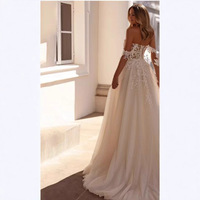 LY-WD0477 A-ligne robe de mariée Style classique pour la mariée hors épaule sans manches dos à lacets jambe fente grande taille entièrement doublé