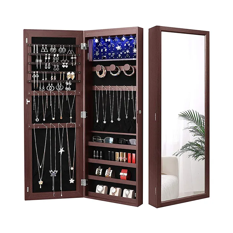 6 LEDs jewelry armoire organizer wall door mounting jewelry cabinets dressing mirror