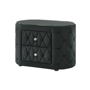 Oval Nightstand Plush Tufted Upholstery 8mm Tempered Glass Top Two <b>Storage</b> <b>Drawers</b> Sparkling Knobs - Product Image 3