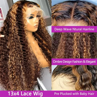 Perruque en cheveux humains ondulés bouclés, densité 280, avec dentelle frontale HD 13*4, couleur P4/27, sans colle
