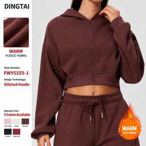 Sweat-shirt à capuche zippé court pour femme, doublé polaire, avec cordon de serrage, en mélange de coton, coupe ajustée, manches longues, pour le sport et la course à pied - Product Image 2