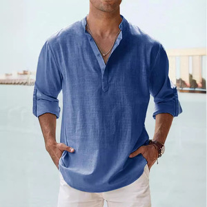Fitspi <strong>Men</strong> Summer Cotton <strong>Shirt</strong> Casual Stand Collar Loose Fit <strong>Mens</strong> Solid Color <strong>Grandad</strong> <strong>Shirt</strong> Plus Size Tops In Stock - Product Image 3