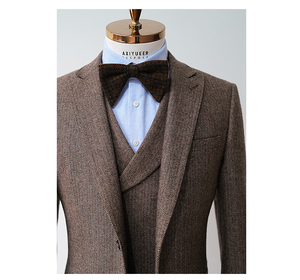 Abito <span class=keywords><strong>da</strong></span> sposa in Tweed retrò britannico in tre pezzi abito <span class=keywords><strong>da</strong></span> sartoria in lana a spina di pesce aderente stile blu scuro - Product Image 5