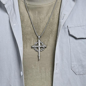 Thorn Wreath <b>Cross</b> Necklace Stainless Steel Pendant Unisex Fashion Jewelry Geometric Design K-PT651 - Product Image 3