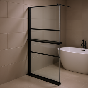 Mampara de Ducha Negra con Puerta Corredera de 45.3x76.8 Pulgadas, Vidrio ESG, Marco de Aluminio con Estante, Diseño Minimalista - Product Image 2