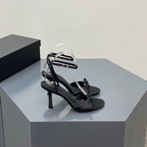Sandalias de tacón alto con punta abierta de cuero genuino negro con lazo y correa en el tobillo, zapatos de moda para mujer, envío directo - Product Image 3