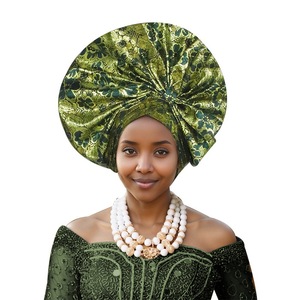 Tissu nigérian Aso Oke Fashion Headtie Ankara avec perles pour les fêtes sorties décontractées mariage dernière conception Bonnet - Product Image 6