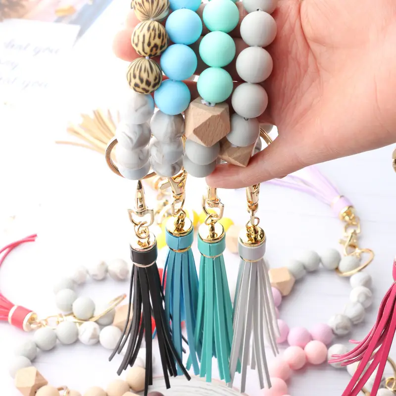 Wholesale Car Silicone Beaded Keychain Wristlet with Wallet Boho Key Ring Bracelet Tassels Decor Beaded Bangle Keychain