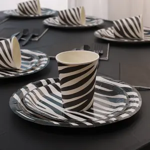 CIVI斑马纹派对盘子和杯子黑白条纹动物主题餐具一次性派对餐具