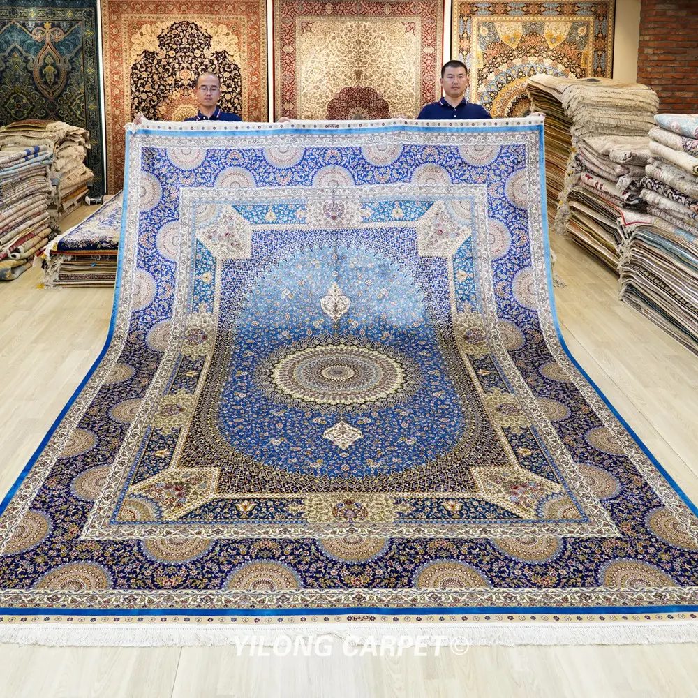 ييلونغ 9 "x 12" كبير الحجم الكبير الأزرق الشرقية اليدوية معقود نقية سجاد حرير الفارسي