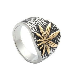Bague en acier inoxydable doré pour homme, motif feuille, style décontracté, ethnique, rétro, tendance, motif végétal, géométrique, Guangzhou - Product Image 1