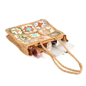 Bolso de playa de paja de flores multicolor creativo para mujer, bolso de playa de verano para mujer, bolsos tejidos de paja de rafia
