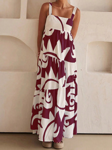 Nouvelles robes longues plissées imprimées à bretelles tendance - Product Image 5