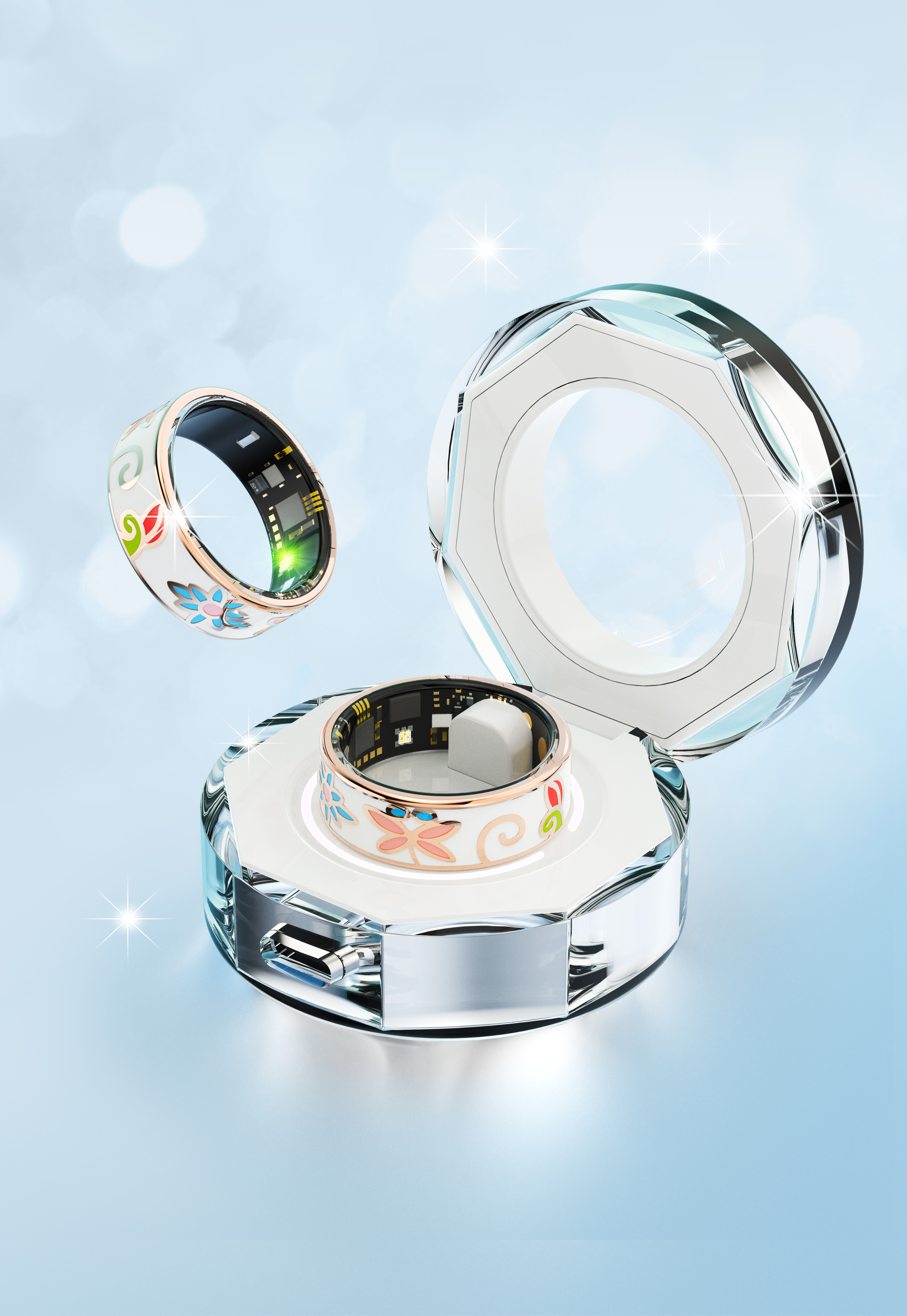 Bague en or rose + compartiment de chargement en cristal
