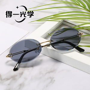 Frameless Oval <b>Sunglasses</b> Metal Frame Pc Lens Uv400 Unisex Sun Protection For Outings Parties - Product Image 1