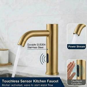 Grifo de <span class=keywords><strong>Lavabo</strong></span> Automático sin Manijas con Sensor, Acero Inoxidable Dorado Cepillado, Grifo de Baño sin Contacto con Sensor de Movimiento - Product Image 1