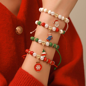 Fashion Jewelry Christmas Beaded <b>Bracelets</b> Women's Gift Set With Santa Snowflake Reindeer Charms Red Green <b>White</b> Imitation Pearl - Product Image 2