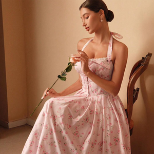 Figur figur korset leher Halter berkilau pinggang merah muda motif bunga Ruffle potong elegan musim panas gaun Midi pesta wanita - Product Image 2