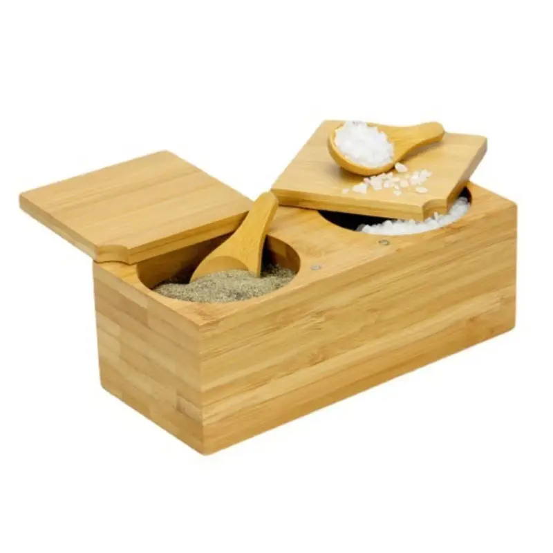 Healthy bamboo wooden spice box 2 compartments salt cellar and storage box with lid for kitchen