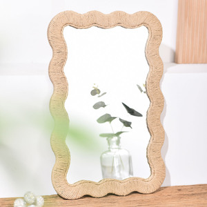Handmade Woven Wave Frame Decorative <b>Mirror</b> Brown Irregular Shape For Home Decor Hanging Items 1PC - Product Image 1