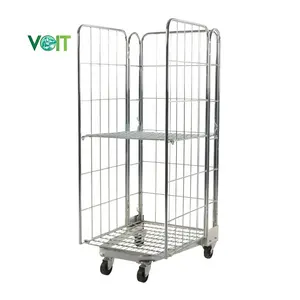 Warehouse Steel Wire Mesh Parcel Transport Cage Trolley With Shelves