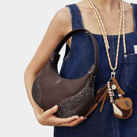 Sac bandoulière pour femme en cuir véritable, petit format, style baseball, avec fermeture éclair, deux sangles, design contrasté en coton, pour téléphone portable