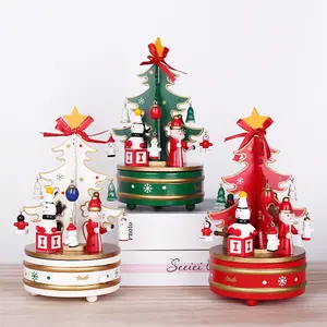 Creative Wooden Music Box Christmas Tree Window Ornament with Music Bell Wholesale Silk Screen Printed Graphics