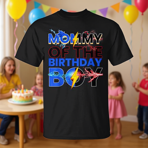 T-shirt Mommy Of The Birthday Boy a tema festa in famiglia, colore nero, taglia adulto - Product Image 3