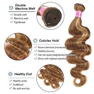 P4/27 Cabello Humano Pre-Adherido con <span class=keywords><strong>Mechas</strong></span> Rubio Miel Ondulado, 100% Cabello Virgen Brasileño Sin Procesar para Castaños, 3 Paquetes Negro - Product Image 2