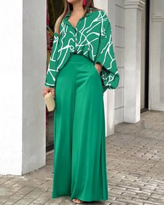 Abbigliamento da donna elegante Liu Ming blusa stampata in 2 pezzi pantaloni larghi a pieghe con bottone Casual <span class=keywords><strong>alla</strong></span> <span class=keywords><strong>caviglia</strong></span> - Product Image 6