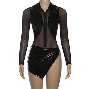 PU Mesh Patchwork 2-teiliges Set Damen Sexy Durchsichtiger Reißverschluss-Body mit Revers und langen Ärmeln sowie Schlitz-Minirock - Product Image 4