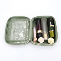 Tas Makeup Poliester Bergaris Hijau Sage Anti Air Kapasitas Besar dengan Cermin dan Pegangan, Logo Custom Fashion