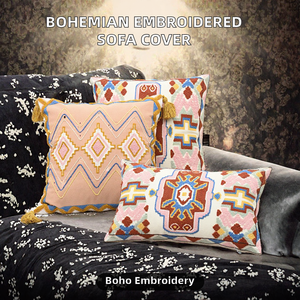 Cojines Rectangulares para Sofá de Poliéster Lavables y Ecológicos con Bordado Geométrico de Estilo Étnico Bohemio, Color Rosa Americano para el Hogar - Product Image 2
