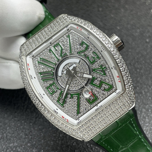 Montre mécanique automatique unisexe de luxe sertie de moissanite, forme tonneau, verre saphir, bracelet en cuir vert V45, haute qualité - Product Image 2