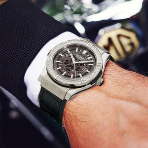 PINDU Luxury Men's Sports Automatic <b>Mechanical</b> <b>Watch</b> Diamond Bezel Skeleton Dial Leather Strap Luminous Calendar Display - Product Image 1
