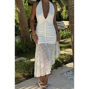 Robe décontractée élégante blanche Carlina avec col carré, dentelle transparente et fermetures éclair, vêtements d'été ODM pour événements chics, taille XS - Product Image 5