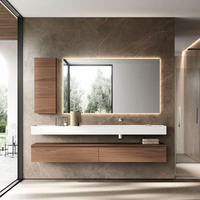Meuble-lavabo mural de salle de bain en céramique écologique résistant à l'eau, finition placage bois de noyer naturel, design moderne et contemporain