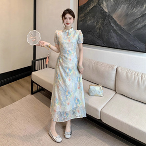 Chinese Style Floral Print Cheongsam Dress For Women Mandarin Collar Natural Waistline Light Elegant Dress Leisure Banquet Wear - Product Image 4