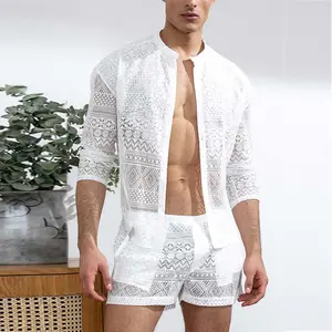 OEM Custom Summer Long Sleeve Shirt Casual Shorts Fashion 2-Piece Set Hollow Lace Transparent Plus Size Men's Tracksuit